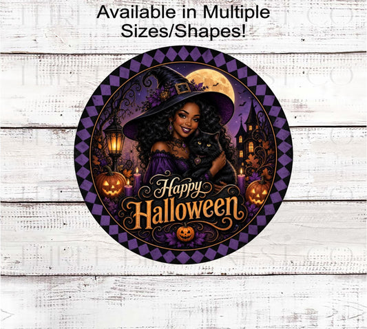 Happy Halloween Wreath Sign, African American Witch Lover, Black Cat Decor- ET2831