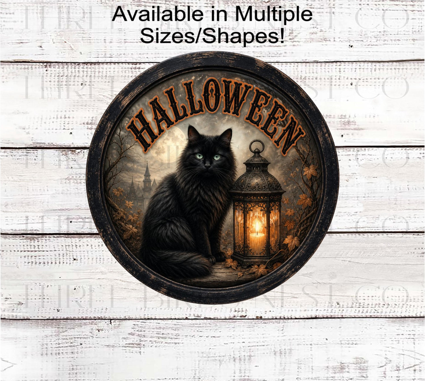 Witch Wreath Sign, Black Cat and Lantern, Spooky Decor- H2838