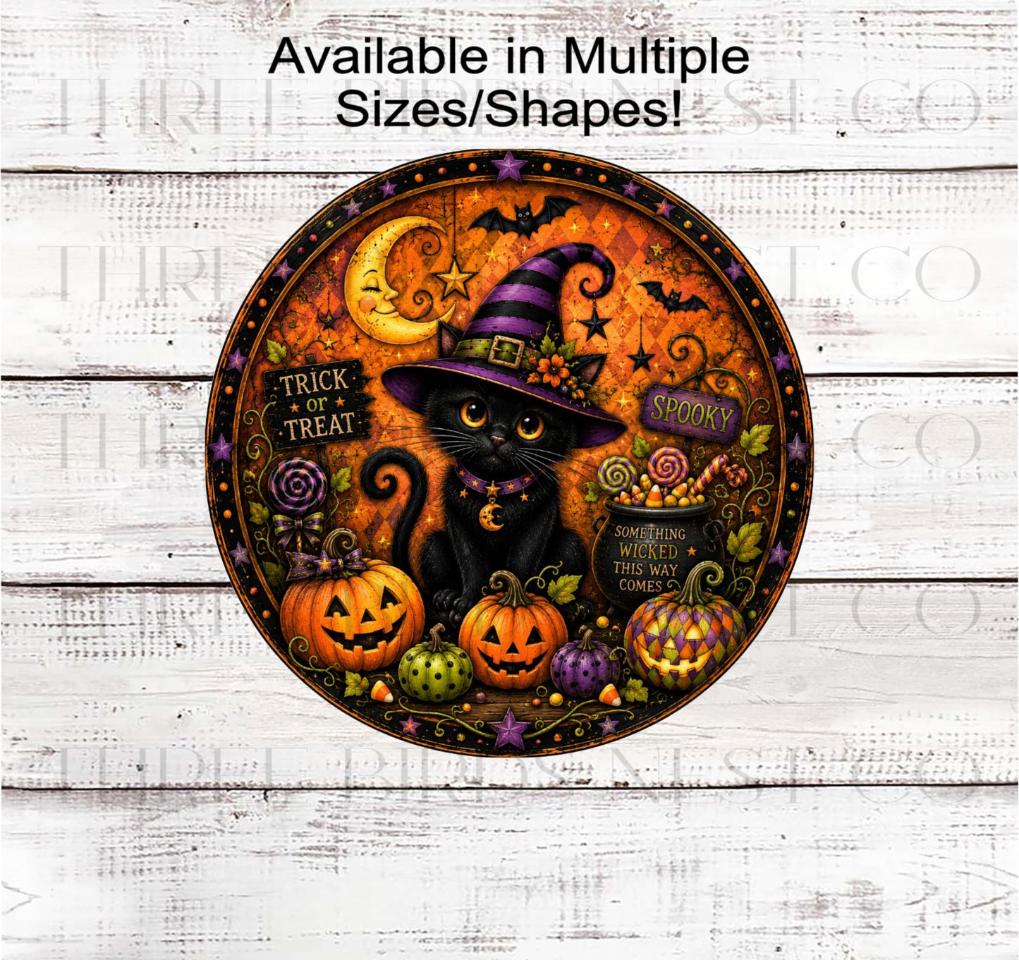 Happy Halloween Wreath Sign, Primitive Black Cat- H2887