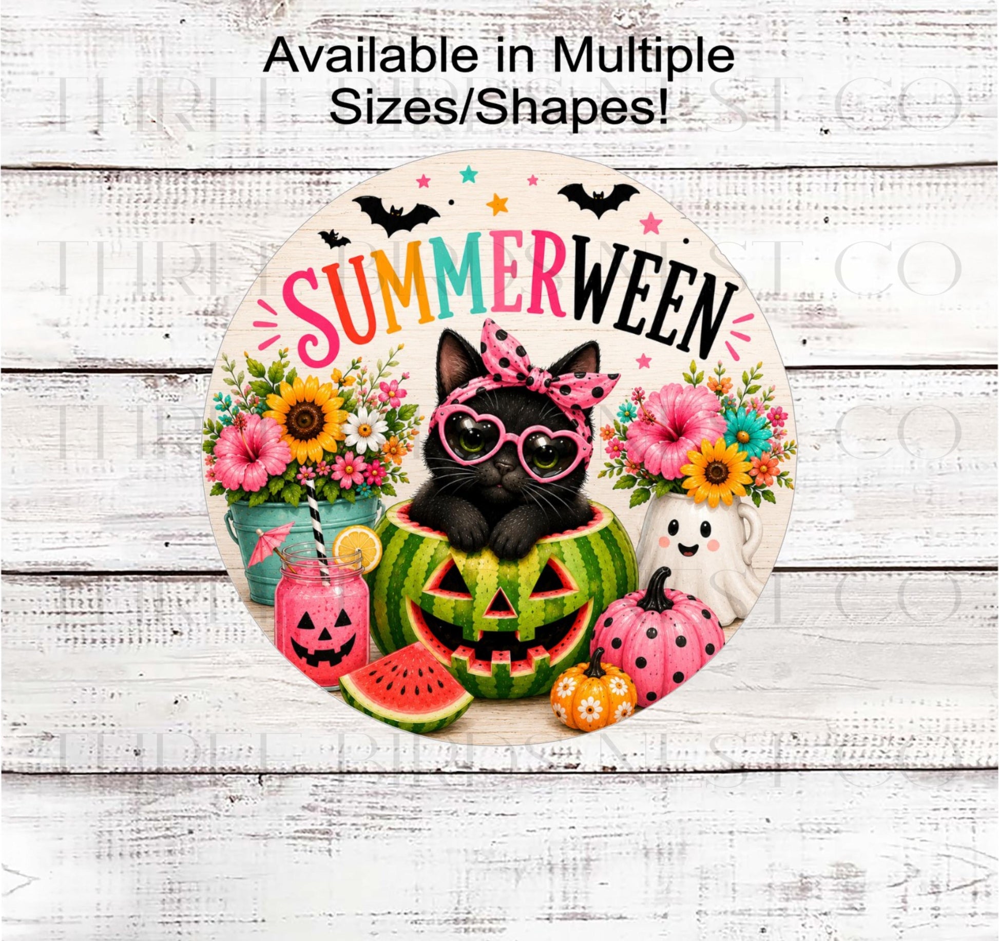 Halloween Wreath Sign, Summerween Black Cat, Watermelon Decor- H2920- TLD
