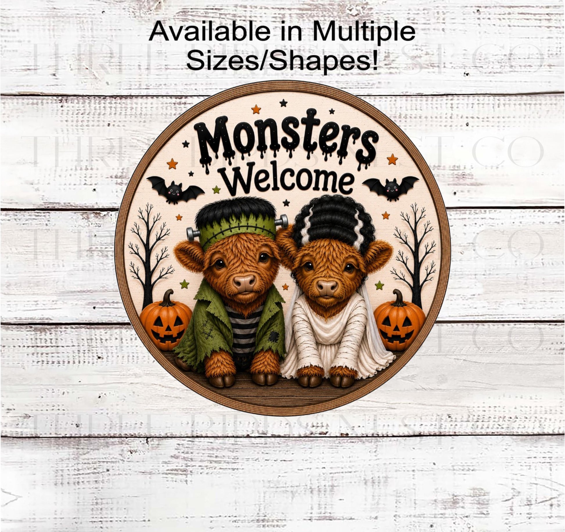 Halloween Wreath Sign, Scottish Highland Cows, Mr and Mrs Frankenstein- PA2876- TLD