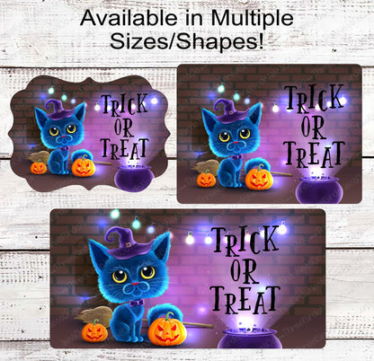 Trick or Treat Blue Halloween Witch Cat Sign