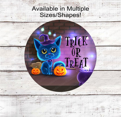 Trick or Treat Blue Halloween Witch Cat Sign