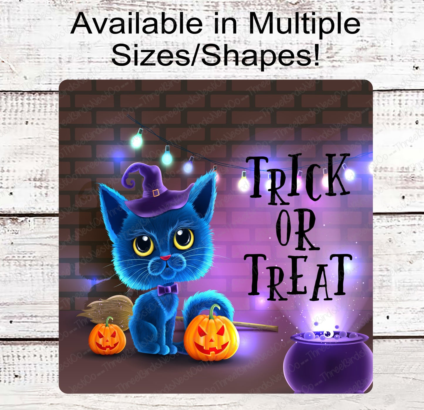 Trick or Treat Blue Halloween Witch Cat Sign
