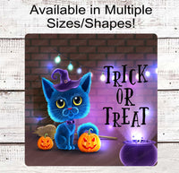 
              Trick or Treat Blue Halloween Witch Cat Sign
            