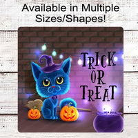 Trick or Treat Blue Halloween Witch Cat Sign