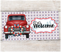 
              Red Patriotic Truck Welcome on Stars Sign
            