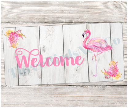 Wood Flamingo Welcome Sign