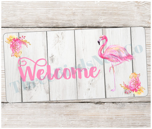 Wood Flamingo Welcome Sign