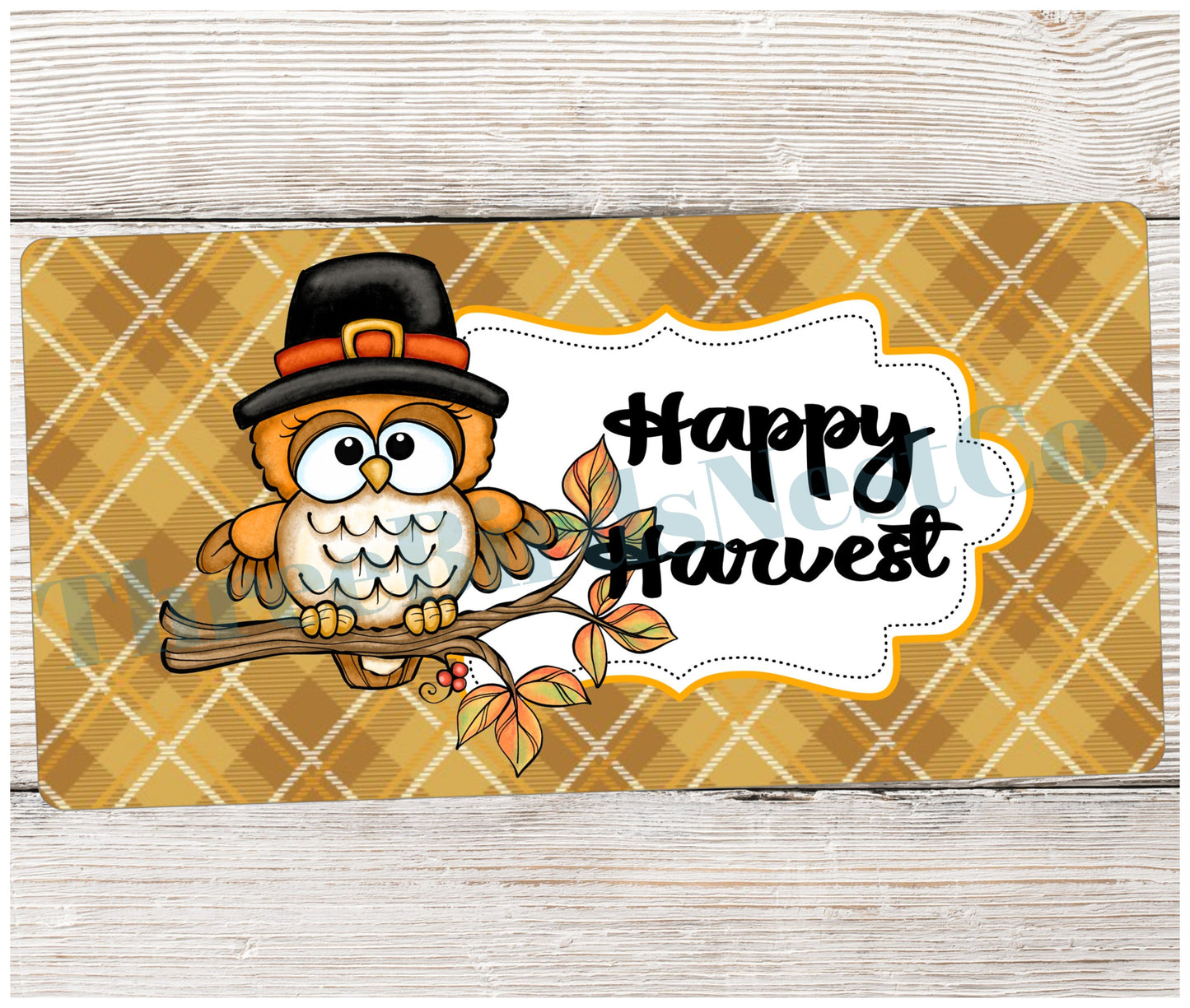 Happy Harvest Pilgrim Owl on Plaid Sign