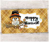 
              Happy Harvest Pilgrim Owl on Plaid Sign
            