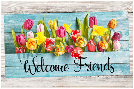 Welcome Friends Blue Tulip Planter Sign