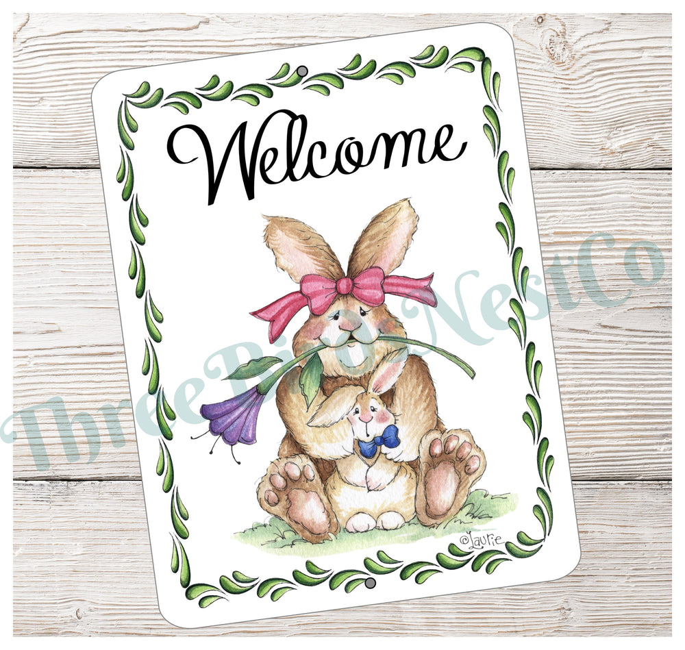 Welcome Bunny Leaf Border Sign