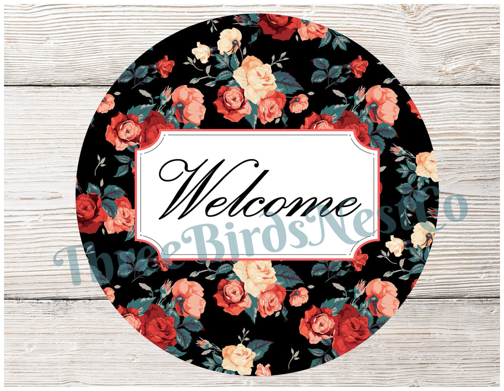 Roses on Black Welcome Sign