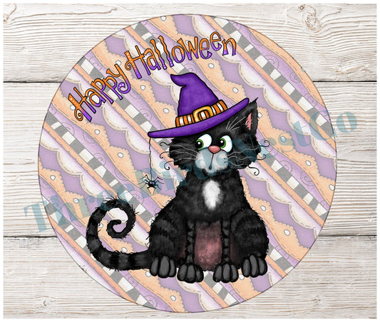 Happy Halloween Black Spider Cat on Stripes Sign
