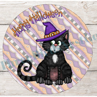 Happy Halloween Black Spider Cat on Stripes Sign
