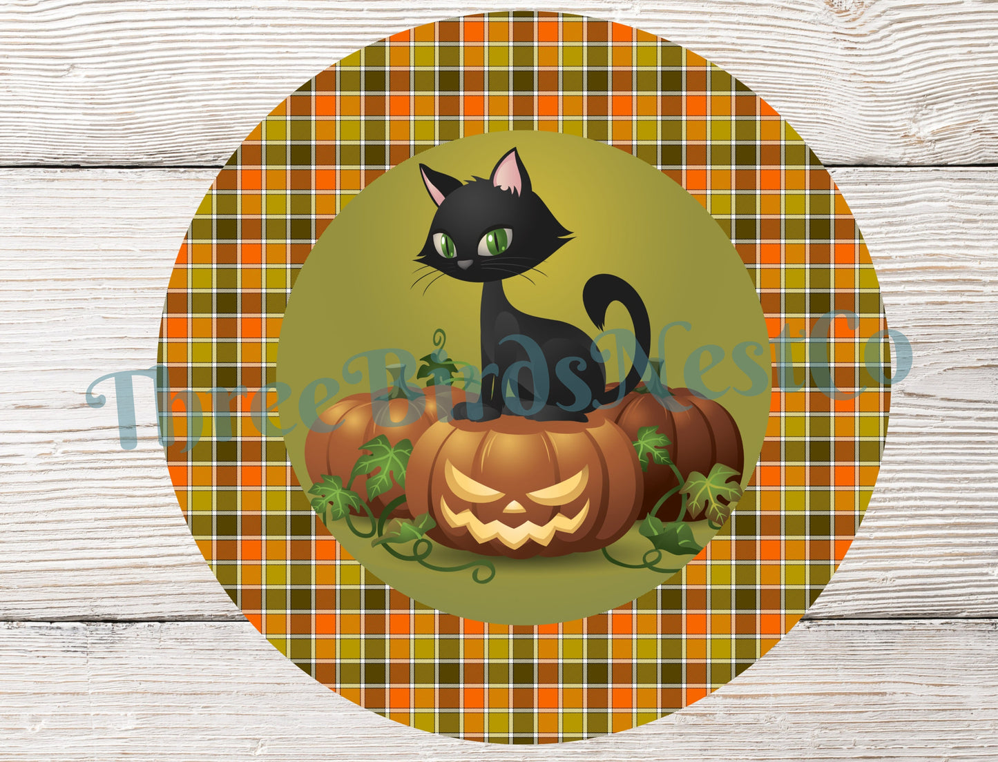 Black Cat Jack O Lantern Plaid Checks Sign