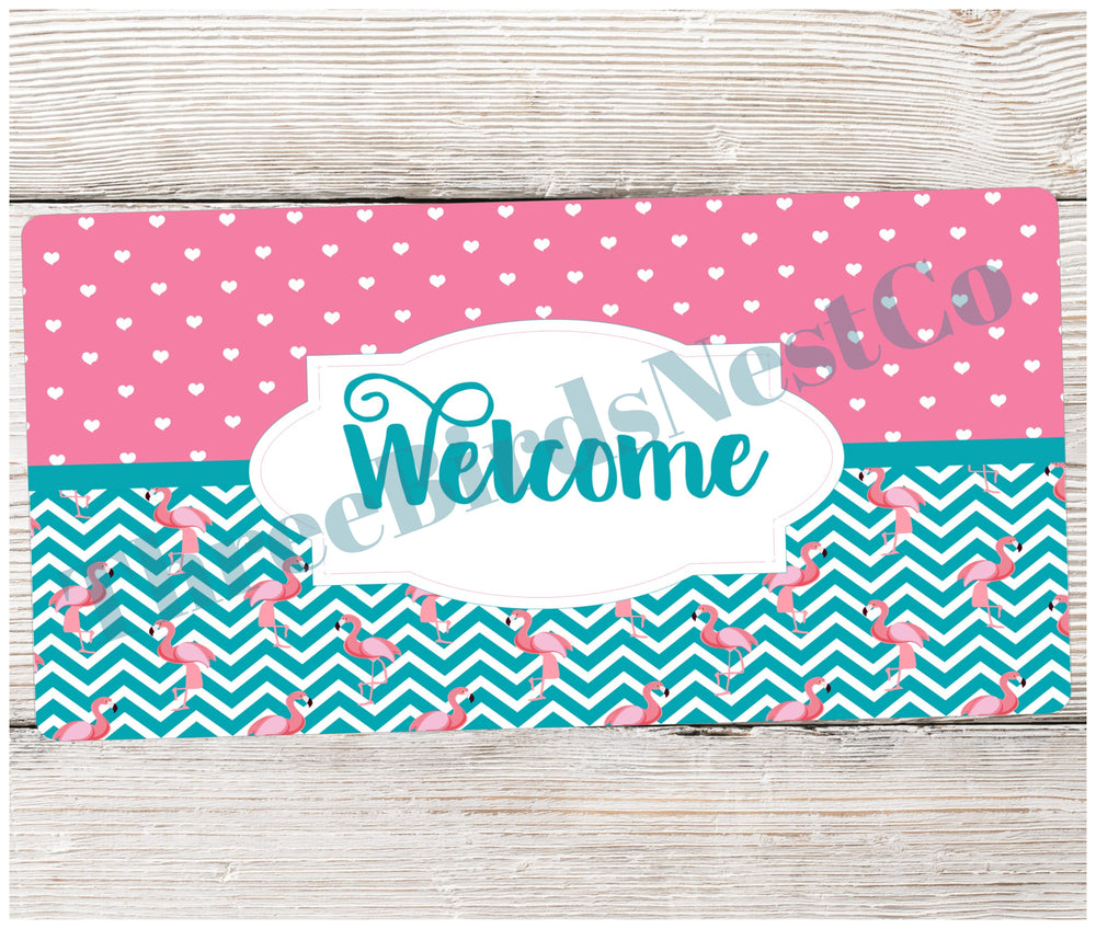 Chevron and Hearts Flamingo Welcome Sign
