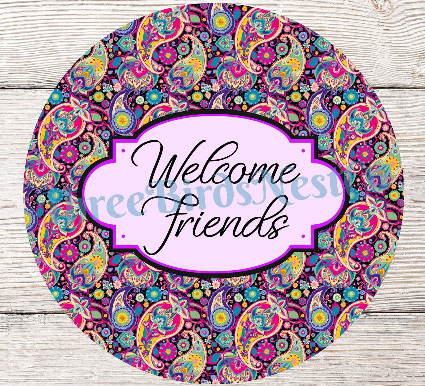 Welcome Friends Purple and Black Paisley Sign