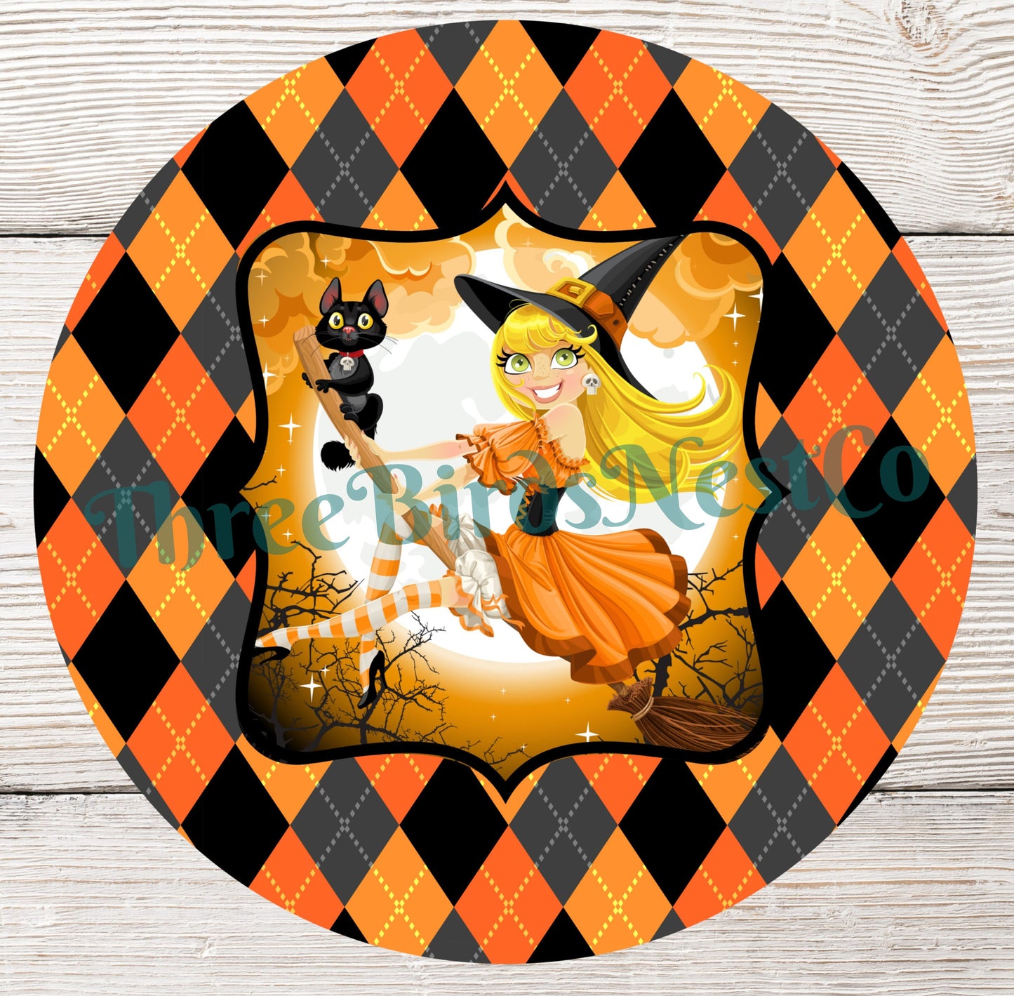 Blonde Halloween Witch on Argyle Sign