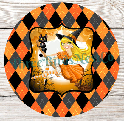Blonde Halloween Witch on Argyle Sign