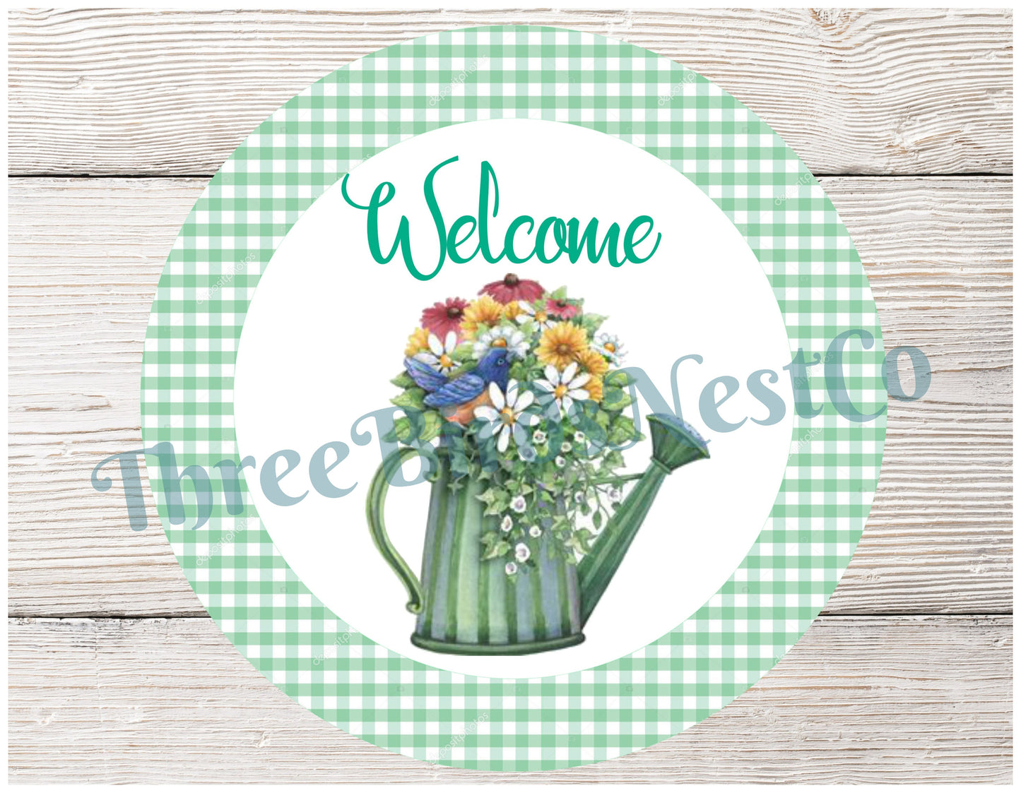 Floral Watering Can Welcome on Gingham Sign