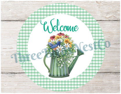 Floral Watering Can Welcome on Gingham Sign
