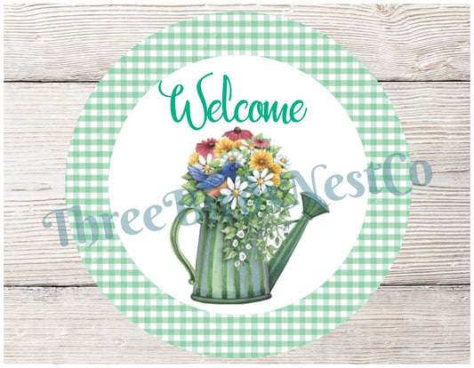 Floral Watering Can Welcome on Gingham Sign