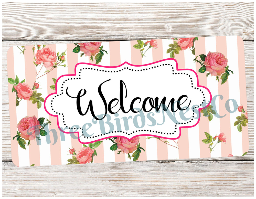 Shabby Chic Roses and Stripes Welcome Sign