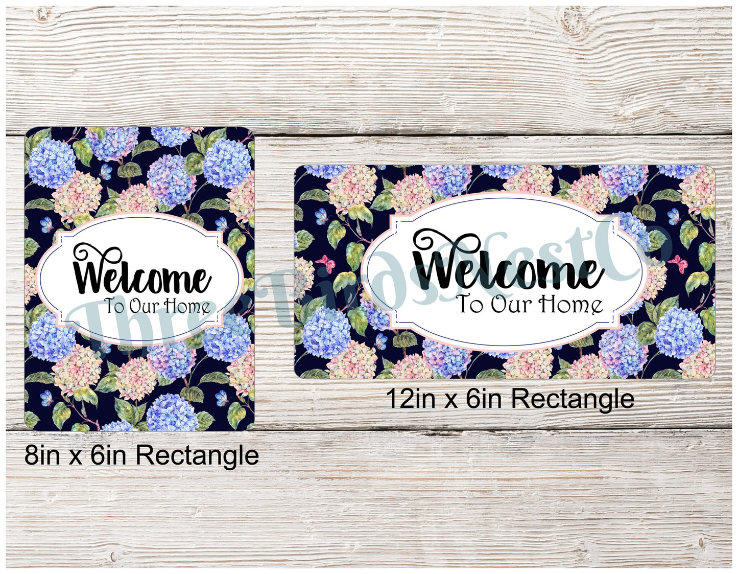 Hydrangeas on navy Welcome Sign