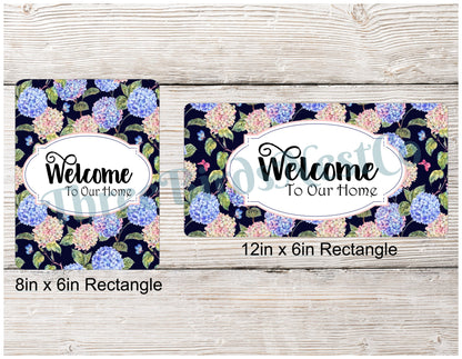 Hydrangeas on navy Welcome Sign