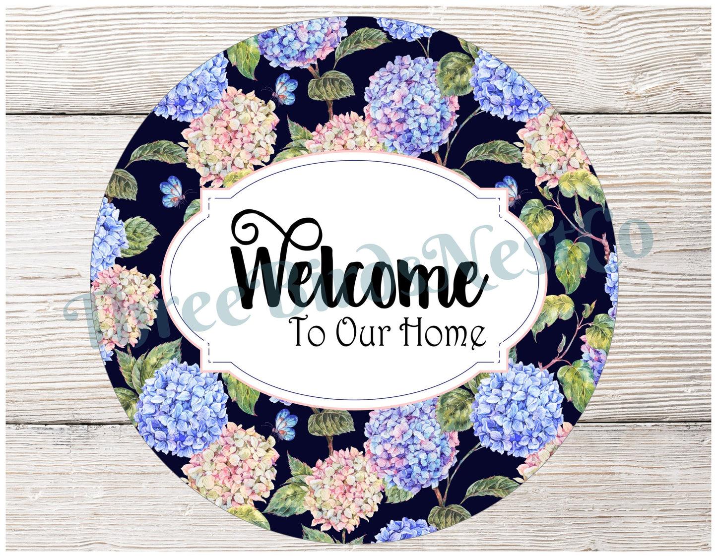 Hydrangeas on navy Welcome Sign
