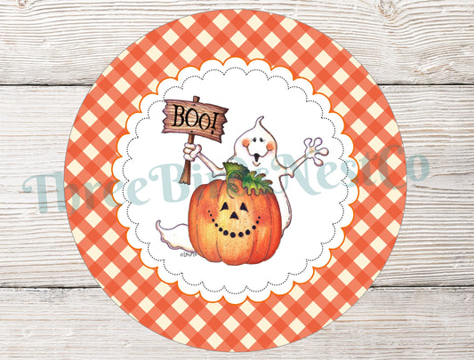 Boo Ghost on Gingham Halloween Sign