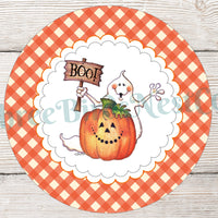 Boo Ghost on Gingham Halloween Sign
