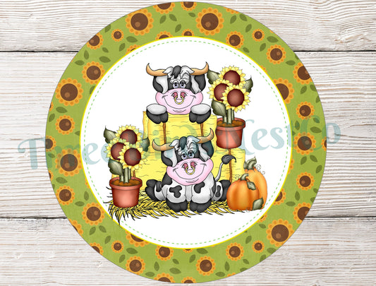Fall Wreath Signs - Cow Sign - Cow Wreath Sign - Farmhouse Wreath Sign - Farm Animals Sign - Sunflowers Sign
