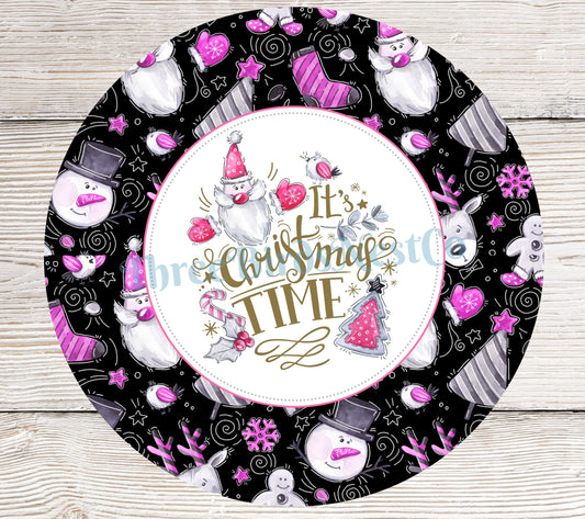 Its Christmas Time Pink Gnomes and Snowmen on Black Sign