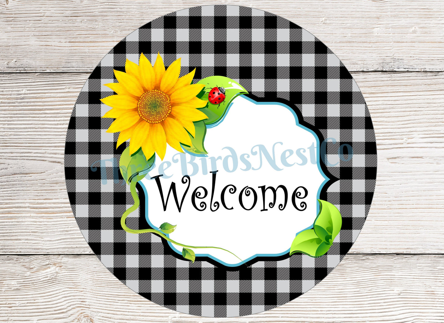 Sunflower Ladybug Buffalo Plaid Welcome Sign