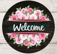 
              Welcome Wreath Sign - Roses Sign - Roses Wreath - Floral Wreath Sign - Pink Roses
            