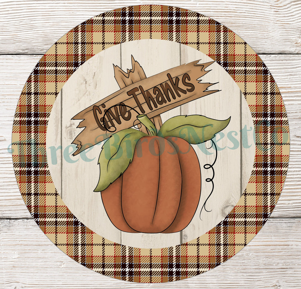 Give Thanks Pumpkin on Fall Plaid Sign