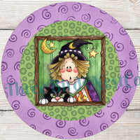 Witchy Poo and Cat on Purple Swirls Halloween Sign