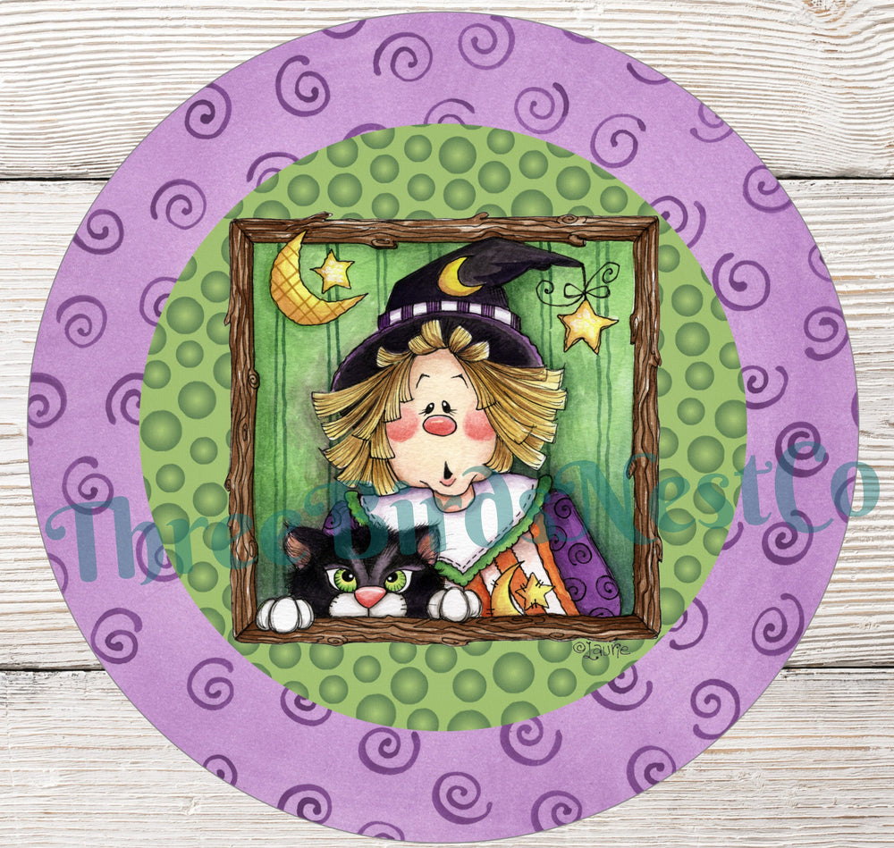 Witchy Poo and Cat on Purple Swirls Halloween Sign