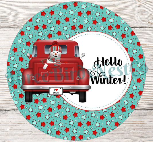 Red Snowman Winter Truck on Stars Sign
