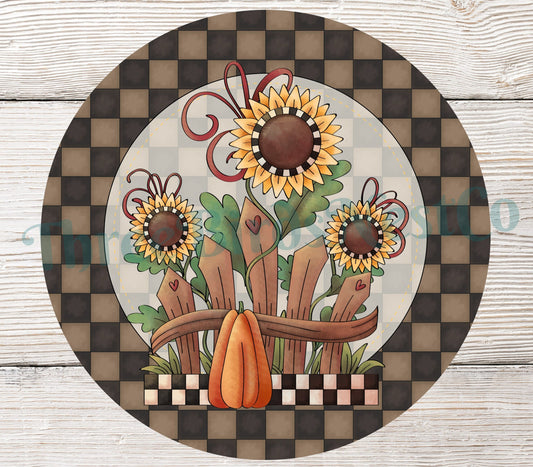 Primitive Fall Sunflowers on Brown Check Sign