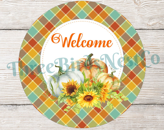 Welcome Pumpkins on Turquoise and Orange Plaid Sign