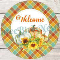 Welcome Pumpkins on Turquoise and Orange Plaid Sign