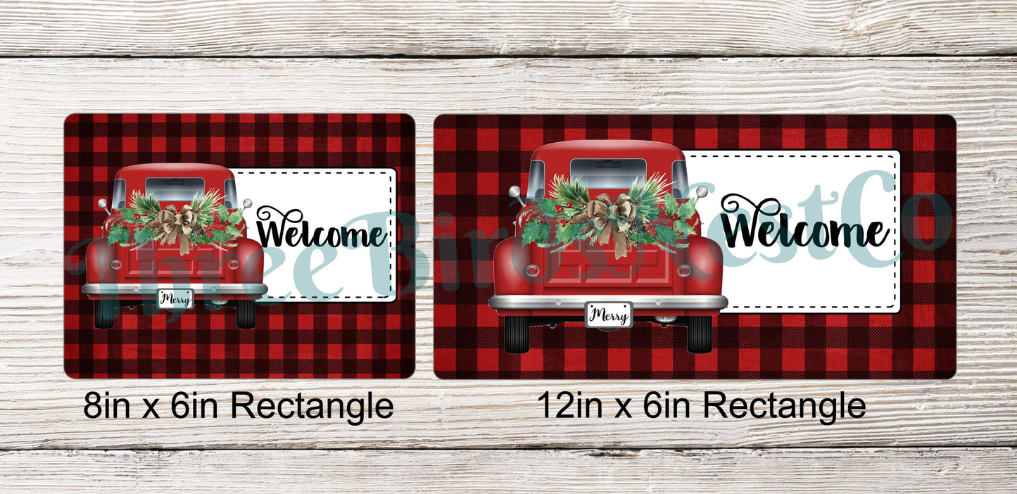 Welcome Winter Red Truck on Buffalo Plaid Sign