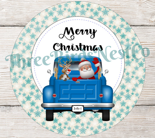 Merry Christmas Santa and Rudolph Blue Snowflake Truck Sign