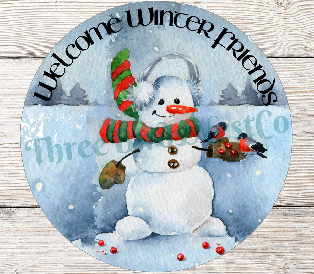 Welcome Winter Friends Watercolor Snowman with Cardinal Sign