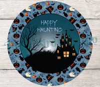 
              Happy Haunting Halloween House on Blue Sign
            