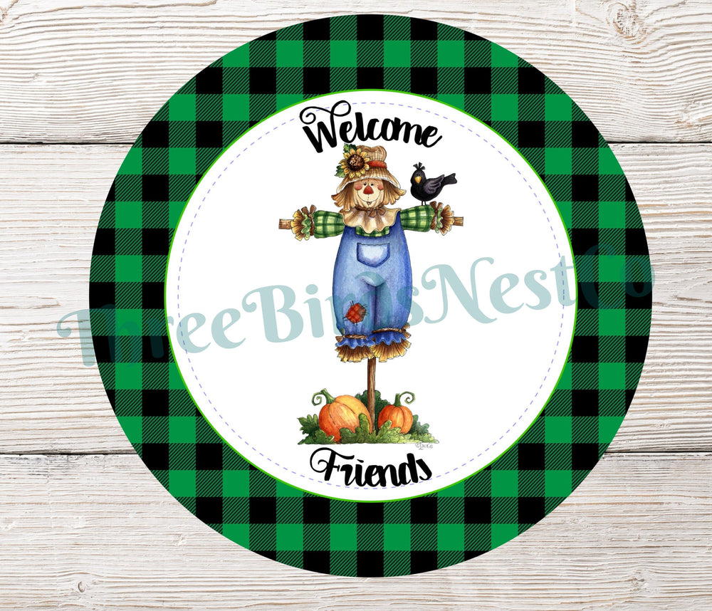 Welcome Friends Fall Scarecrow on Green Buffalo Plaid Sign